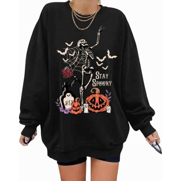 Halloween Sweater Women Cotton Blend Oversized Skeleton Pumpkin Gift - Picture 1 of 4